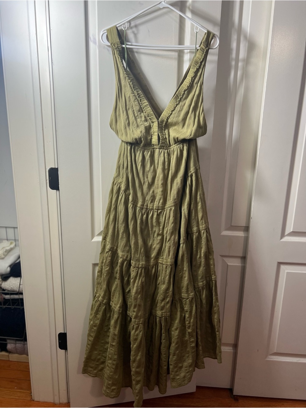 Free People Olive Green Tiered V-Neck Maxi Dress